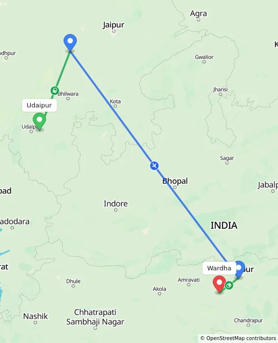 Route map showing distance and travel time from Udaipur, India to Wardha, India
