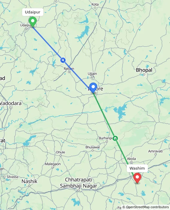 Route map showing distance and travel time from Udaipur, India to Washim, India