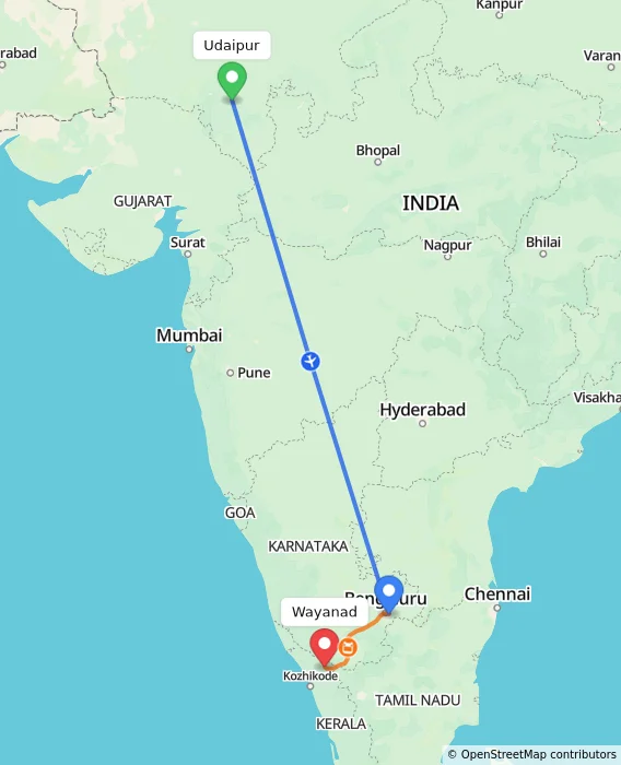 Route map showing distance and travel time from Udaipur, India to Wayanad, India