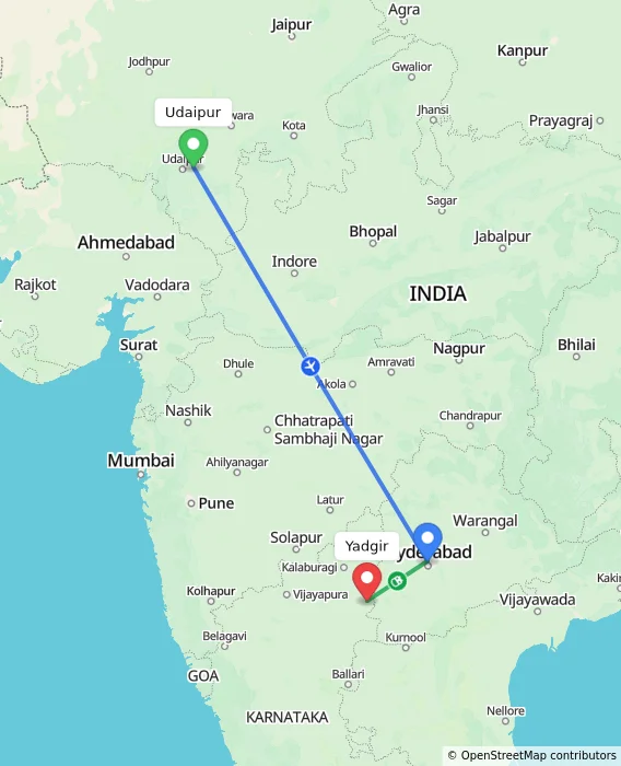 Route map showing distance and travel time from Udaipur, India to Yadgir, India