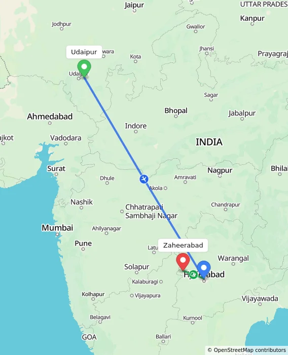 Route map showing distance and travel time from Udaipur, India to Zaheerabad, India