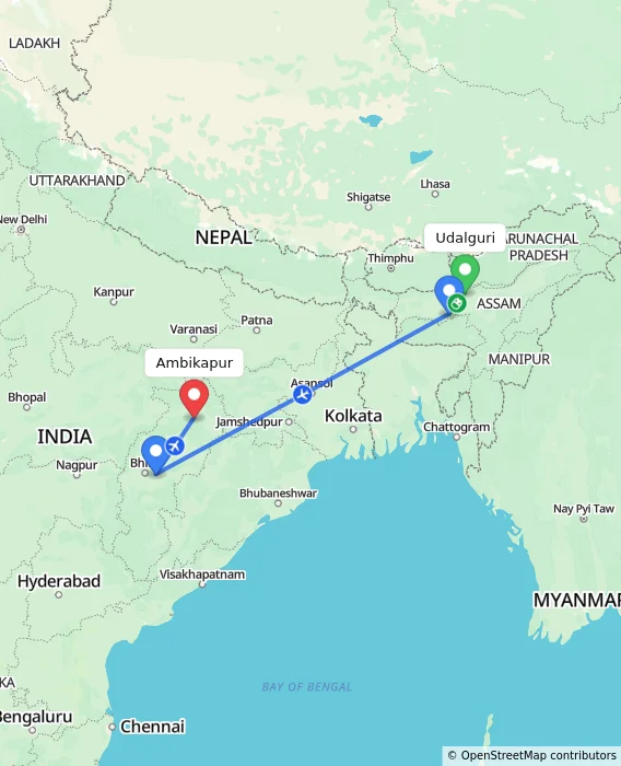 Route map showing distance and travel time from Udalguri, India to Ambikapur, India