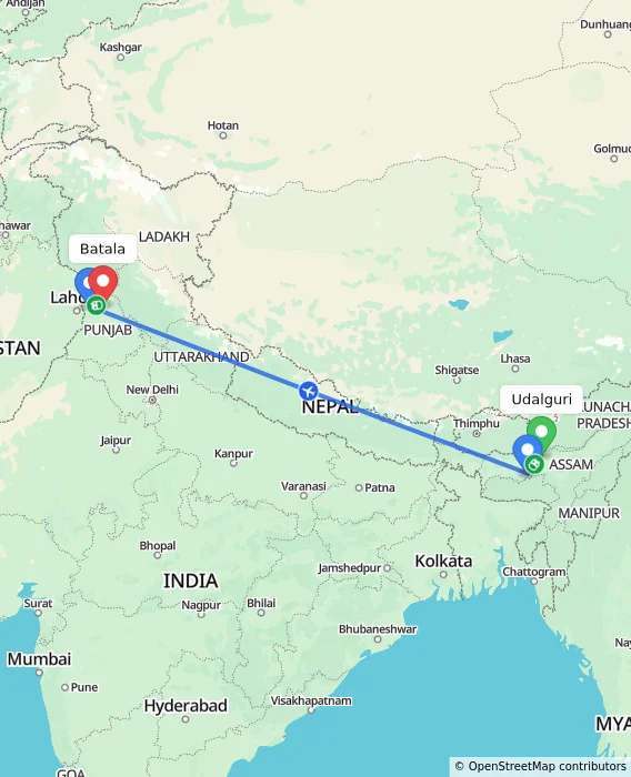 Route map showing distance and travel time from Udalguri, India to Batala, India