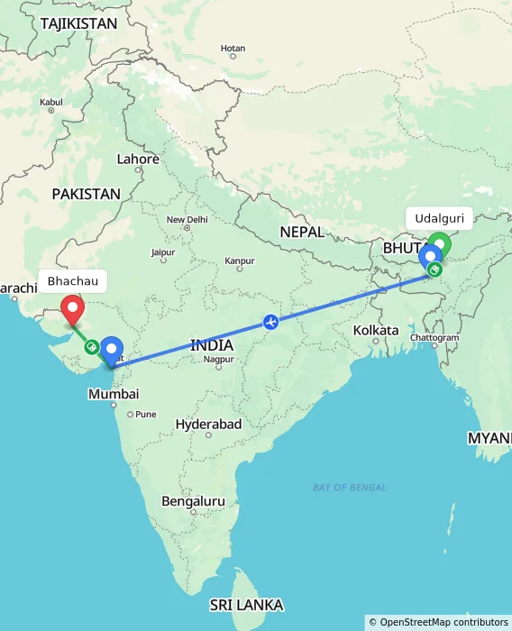 Route map showing distance and travel time from Udalguri, India to Bhachau, India