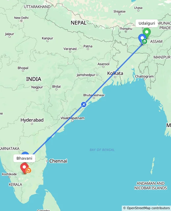 Route map showing distance and travel time from Udalguri, India to Bhavani, India