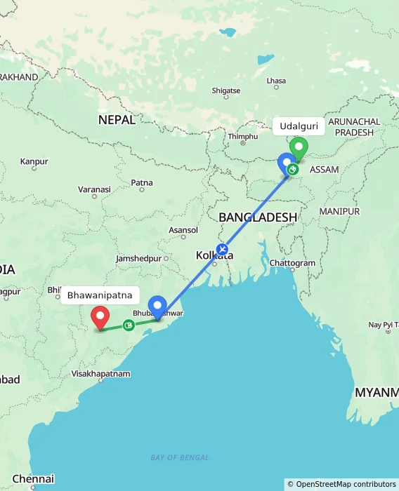Route map showing distance and travel time from Udalguri, India to Bhawanipatna, India