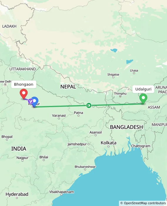 Route map showing distance and travel time from Udalguri, India to Bhongaon, India