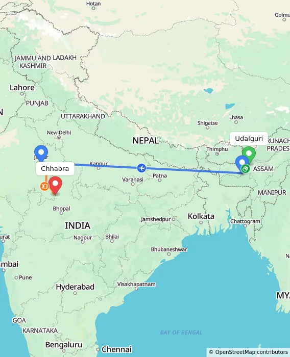 Route map showing distance and travel time from Udalguri, India to Chhabra, India