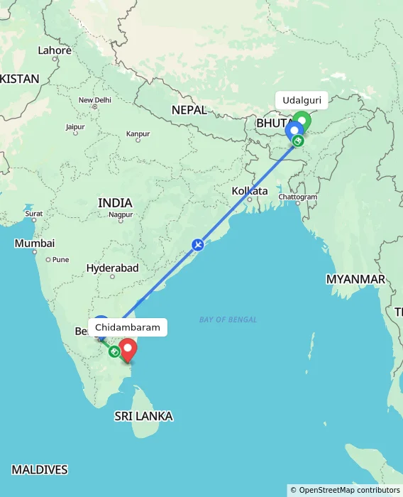 Route map showing distance and travel time from Udalguri, India to Chidambaram, India