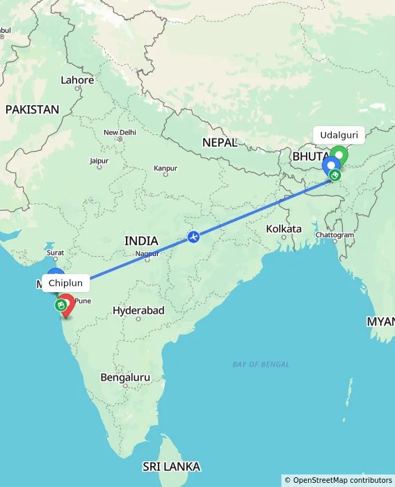 Route map showing distance and travel time from Udalguri, India to Chiplun, India