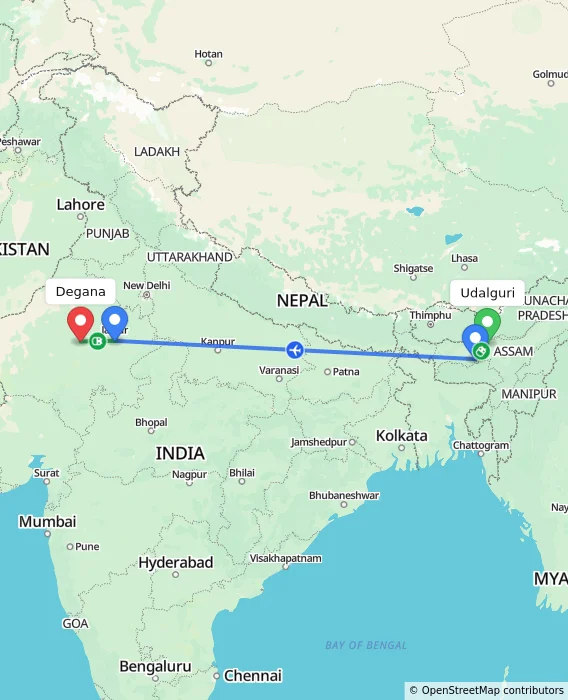 Route map showing distance and travel time from Udalguri, India to Degana, India