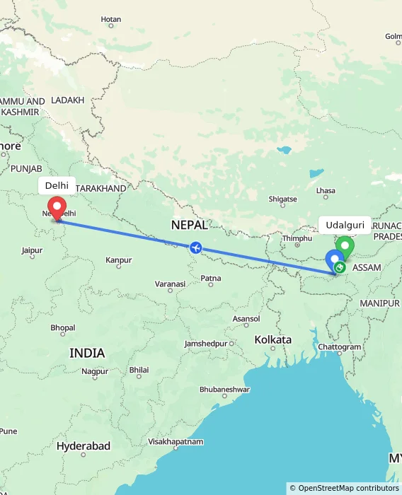 Route map showing distance and travel time from Udalguri, India to Delhi, India
