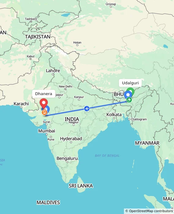 Route map showing distance and travel time from Udalguri, India to Dhanera, India
