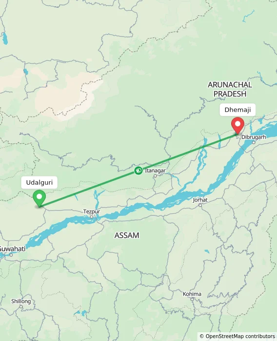 Route map showing distance and travel time from Udalguri, India to Dhemaji, India
