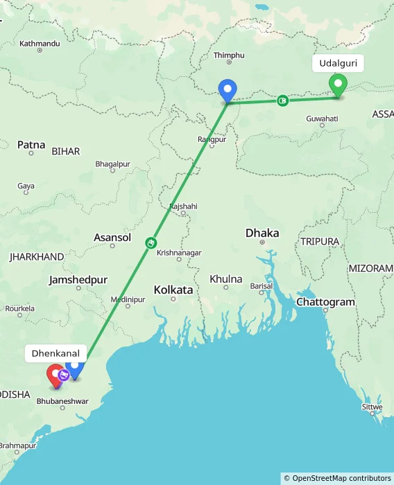 Route map showing distance and travel time from Udalguri, India to Dhenkanal, India