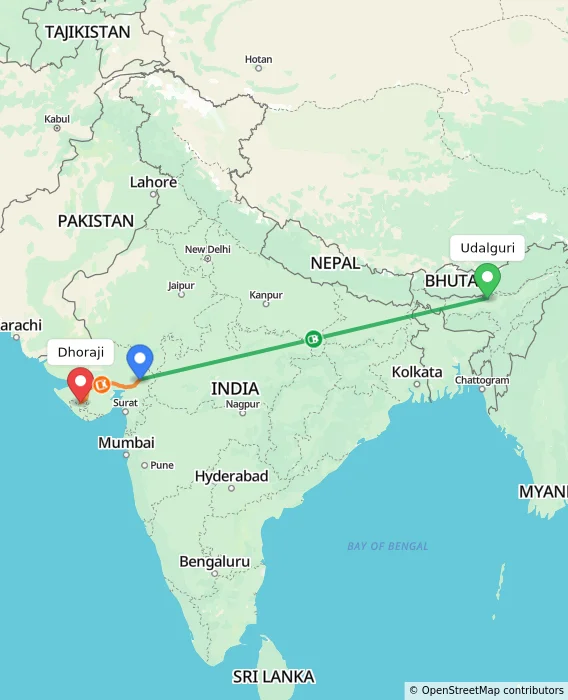 Route map showing distance and travel time from Udalguri, India to Dhoraji, India