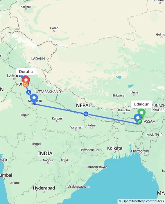 Route map showing distance and travel time from Udalguri, India to Doraha, India