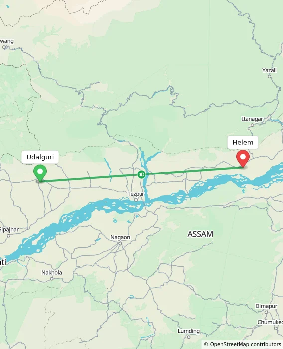 Route map showing distance and travel time from Udalguri, India to Helem, India