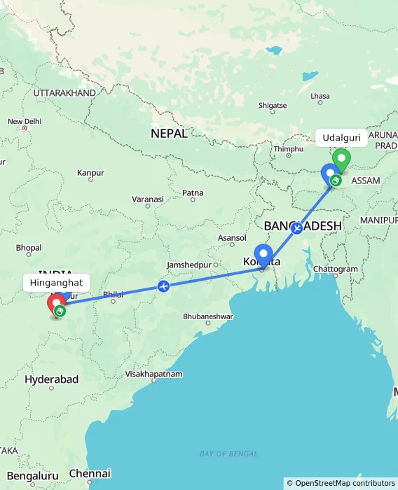 Route map showing distance and travel time from Udalguri, India to Hinganghat, India
