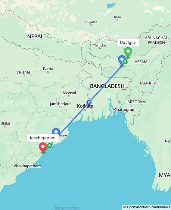Route map showing distance and travel time from Udalguri, India to Ichchapuram, India