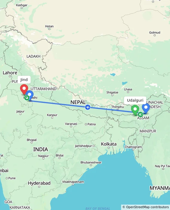 Route map showing distance and travel time from Udalguri, India to Jind, India