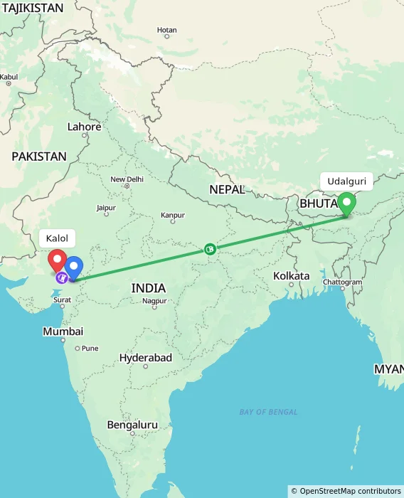 Route map showing distance and travel time from Udalguri, India to Kalol, India