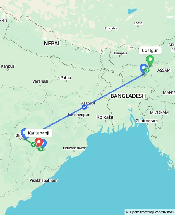 Route map showing distance and travel time from Udalguri, India to Kantabanji, India