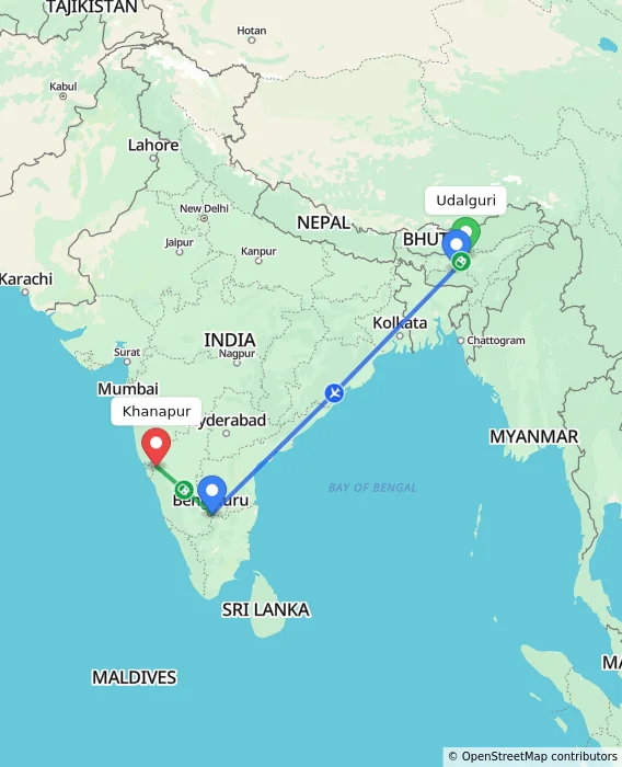 Route map showing distance and travel time from Udalguri, India to Khanapur, India
