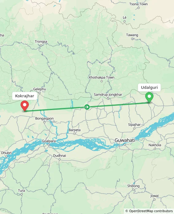 Route map showing distance and travel time from Udalguri, India to Kokrajhar, India