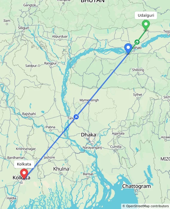 Route map showing distance and travel time from Udalguri, India to Kolkata, India