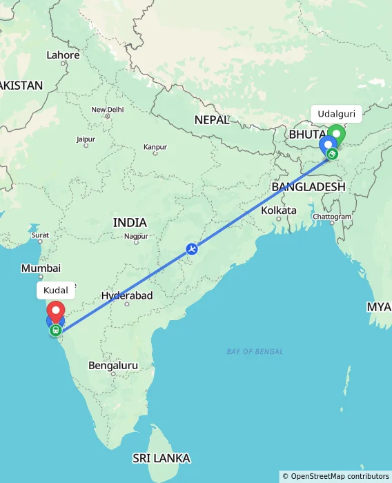 Route map showing distance and travel time from Udalguri, India to Kudal, India