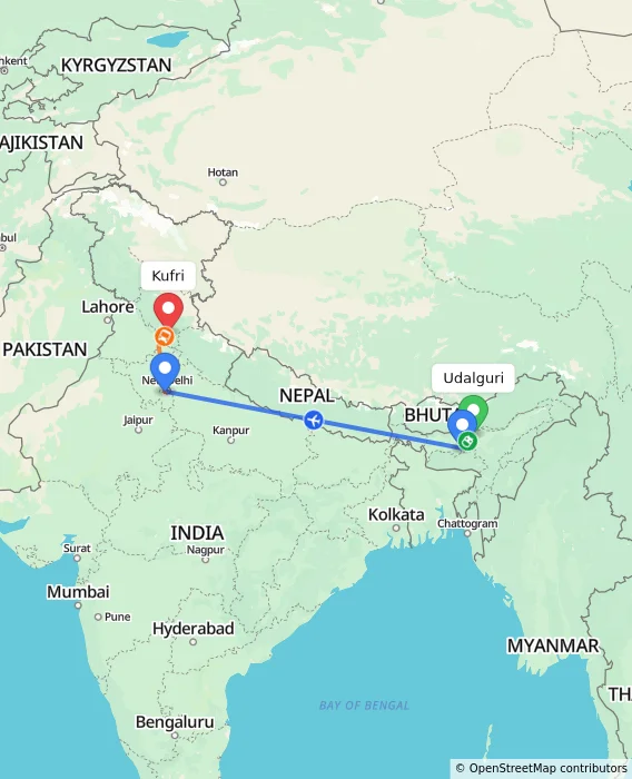 Route map showing distance and travel time from Udalguri, India to Kufri, India