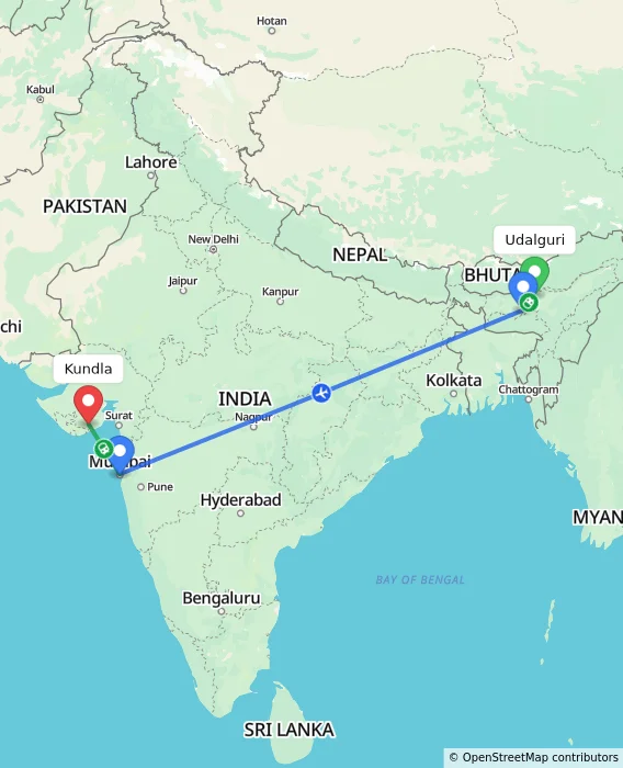 Route map showing distance and travel time from Udalguri, India to Kundla, India