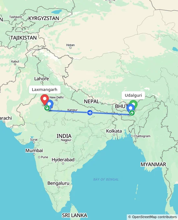 Route map showing distance and travel time from Udalguri, India to Laxmangarh, India