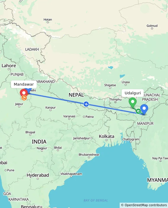 Route map showing distance and travel time from Udalguri, India to Mandawar, India