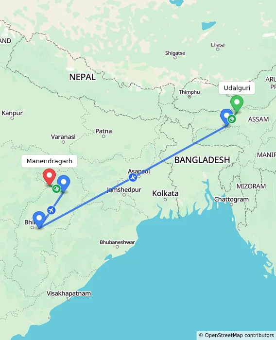 Route map showing distance and travel time from Udalguri, India to Manendragarh, India