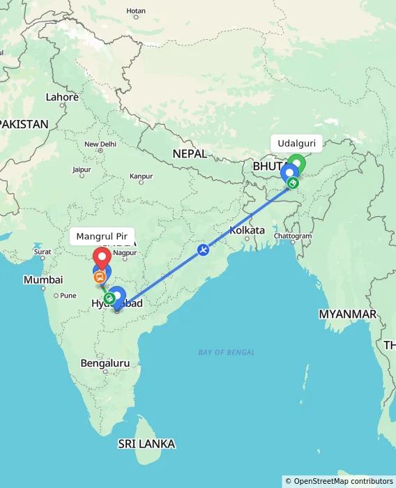 Route map showing distance and travel time from Udalguri, India to Mangrul Pir, India