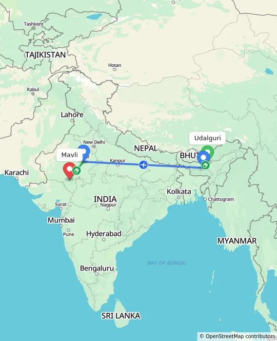 Route map showing distance and travel time from Udalguri, India to Mavli, India
