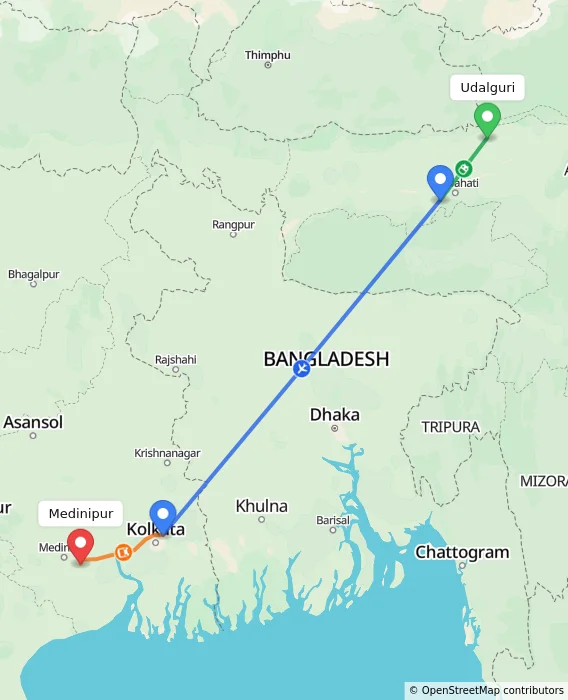 Route map showing distance and travel time from Udalguri, India to Medinipur, India