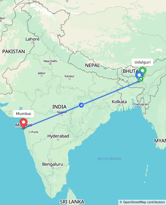 Route map showing distance and travel time from Udalguri, India to Mumbai, India