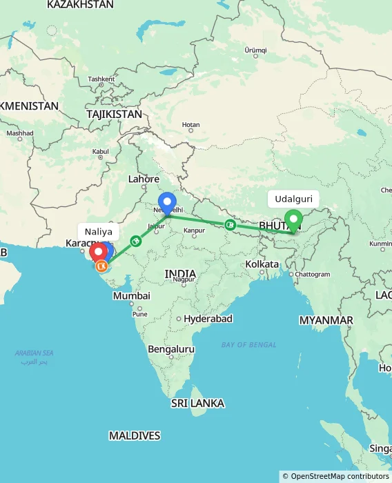 Route map showing distance and travel time from Udalguri, India to Naliya, India