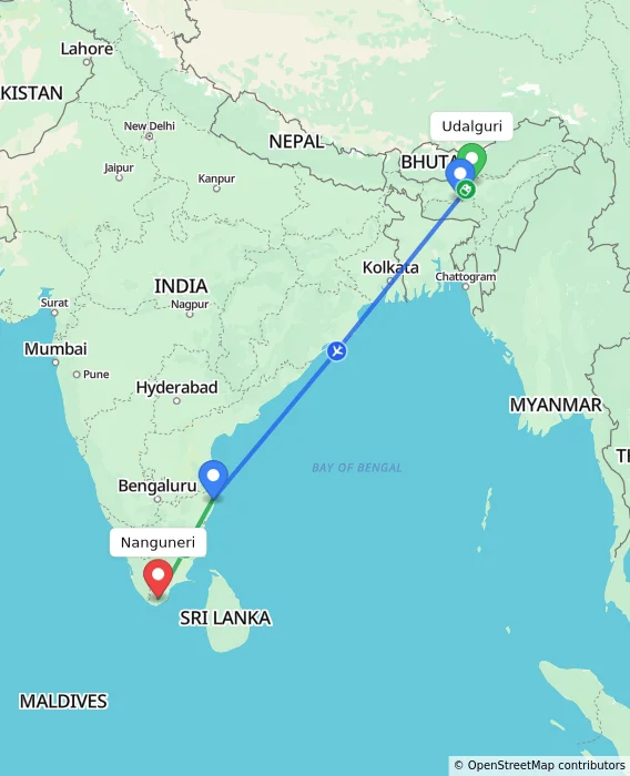 Route map showing distance and travel time from Udalguri, India to Nanguneri, India