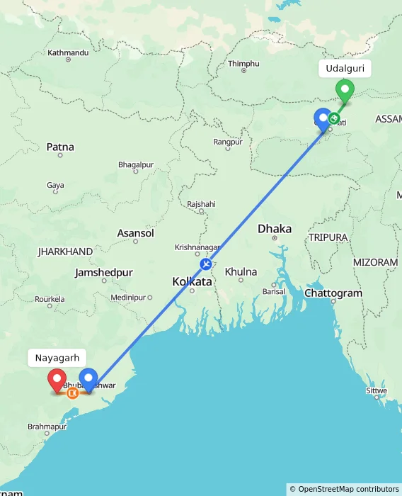 Route map showing distance and travel time from Udalguri, India to Nayagarh, India