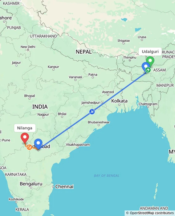 Route map showing distance and travel time from Udalguri, India to Nilanga, India