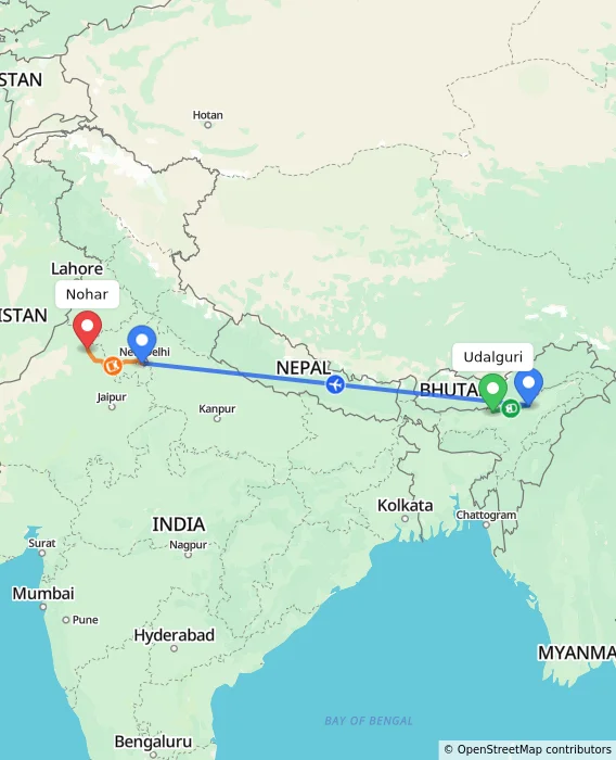 Route map showing distance and travel time from Udalguri, India to Nohar, India