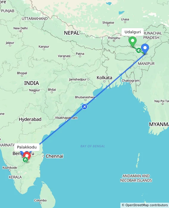 Route map showing distance and travel time from Udalguri, India to Palakkodu, India