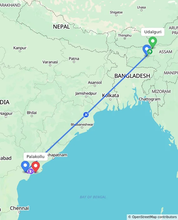 Route map showing distance and travel time from Udalguri, India to Palakollu, India