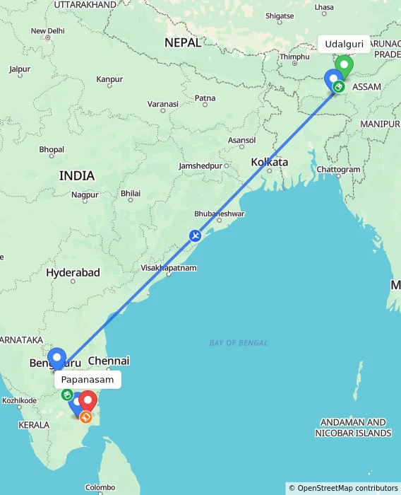 Route map showing distance and travel time from Udalguri, India to Papanasam, India