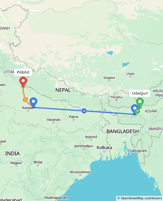 Route map showing distance and travel time from Udalguri, India to Pilibhit, India
