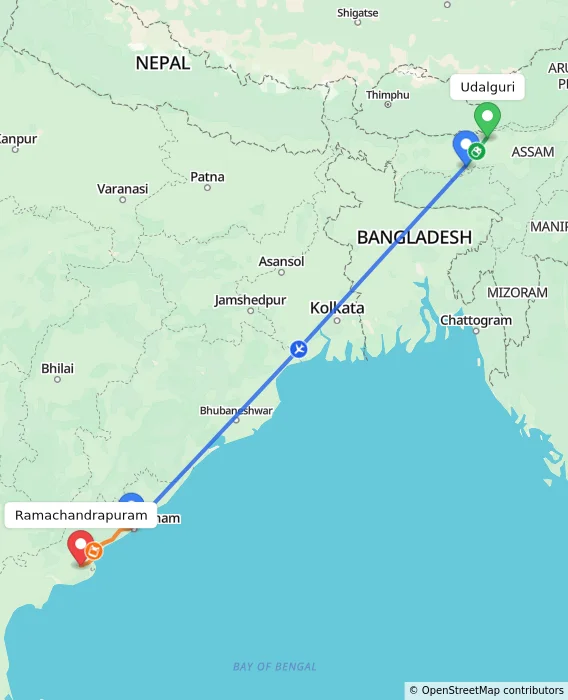 Route map showing distance and travel time from Udalguri, India to Ramachandrapuram, India